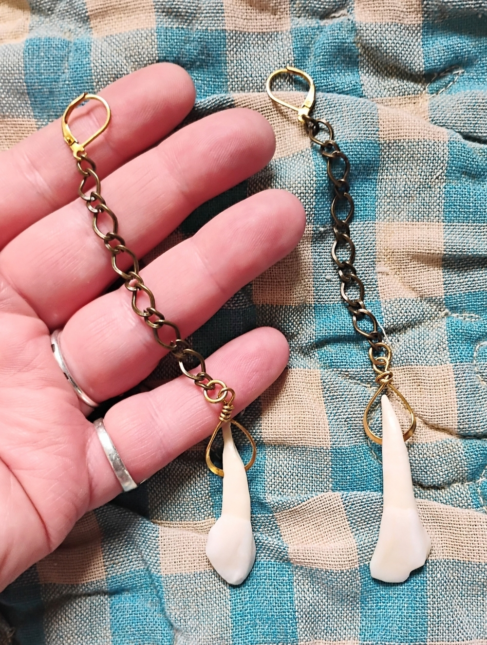 Long Buffalo Tooth Chain Earrings - Handmade - Picture 4 of 6